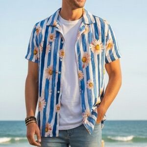 [[Original Use]] Blue and White Floral Stripe Shirt